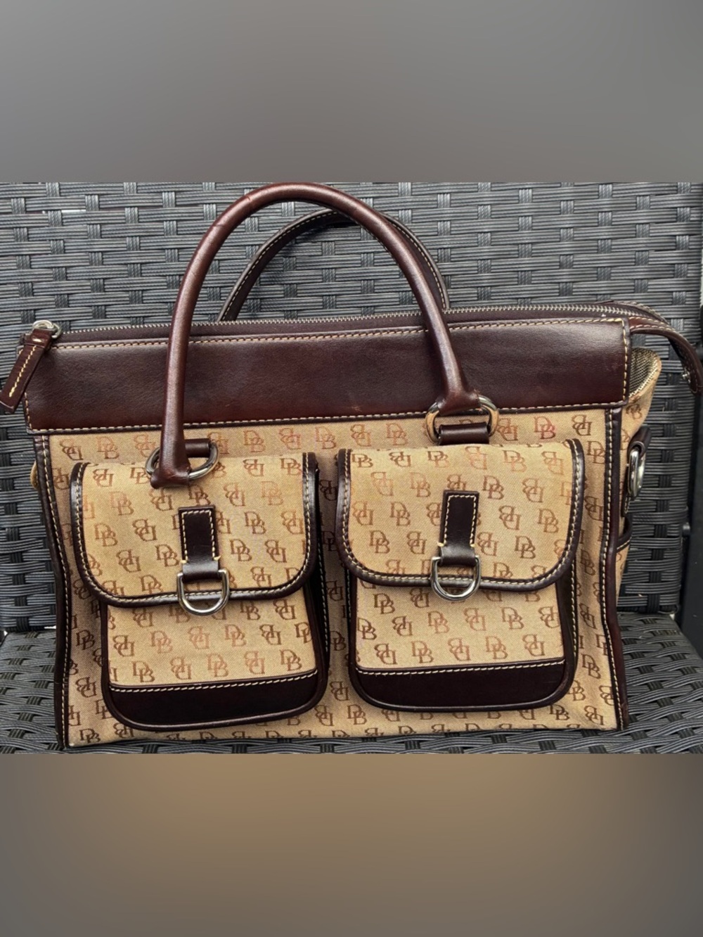 Dooney & Bourke Brown and Tan Signature Double-Pocket Satchel